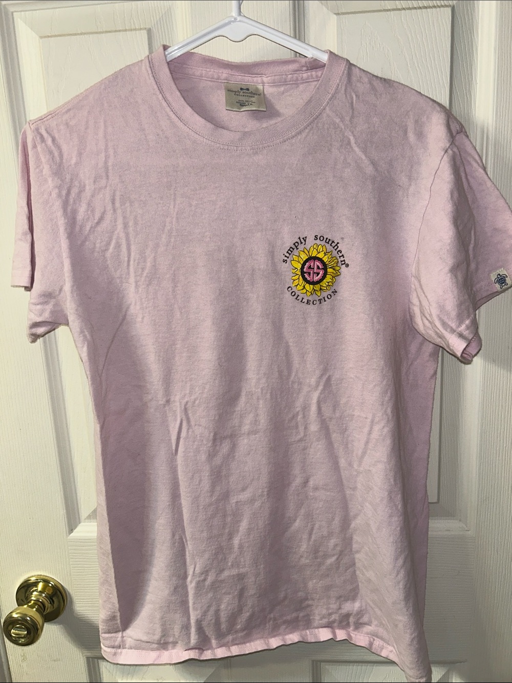 Simply Southern Light Pink Tee with Yellow Sunflower Chest Logo